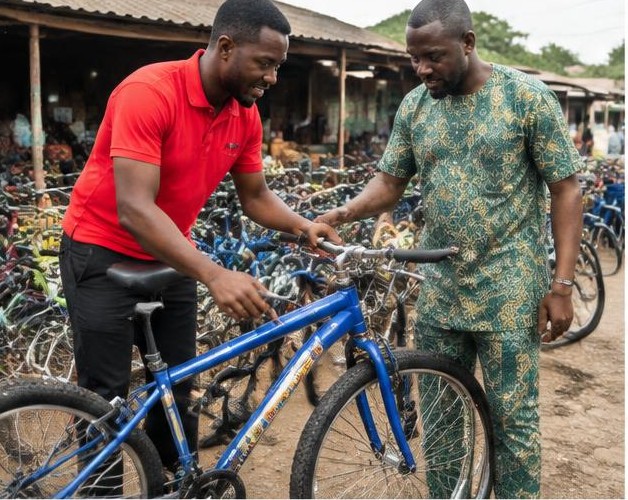 Help sell your bicycle illustrated by people carrying out the activity in Nigeria