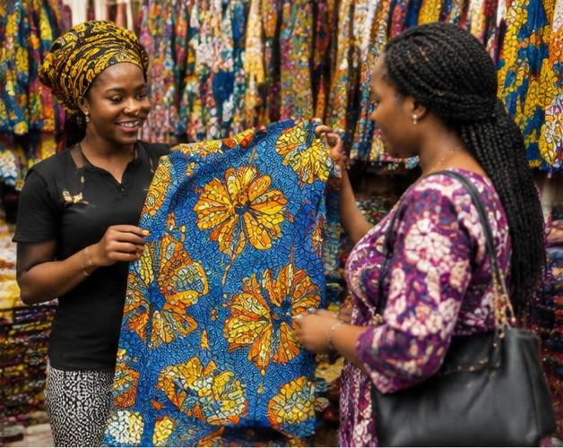 Shop for fabrics illustrated by people carrying out the activity in Nigeria