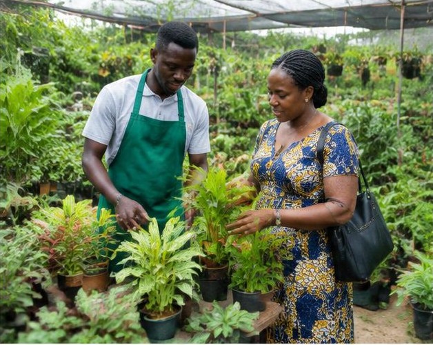 Shop for garden plants illustrated by people carrying out the activity in Nigeria