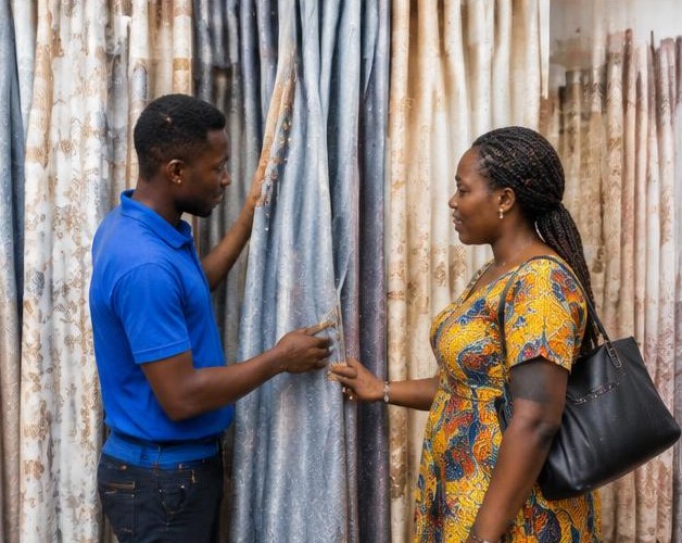 Shop for curtains illustrated by people carrying out the activity in Nigeria