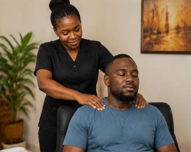 Shoulder massage illustrated by people carrying out the activity in Nigeria
