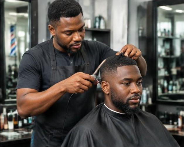 Barbering illustrated by people carrying out the activity in Nigeria