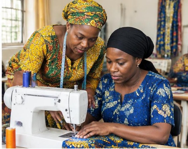 Sewing lessons illustrated by people carrying out the activity in Nigeria