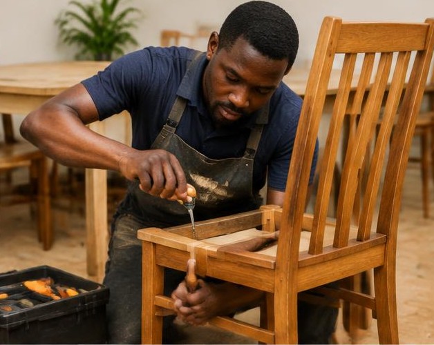 Furniture repairs illustrated by people carrying out the activity in Nigeria