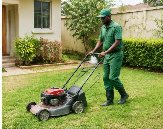 Lawn mowing illustrated by people carrying out the activity in Nigeria