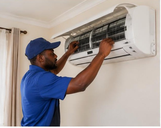 Air-conditioner servicing illustrated by people carrying out the activity in Nigeria