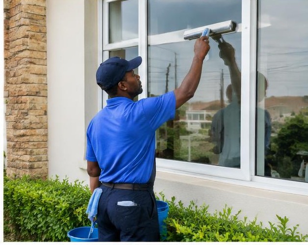 Window cleaning illustrated by people carrying out the activity in Nigeria