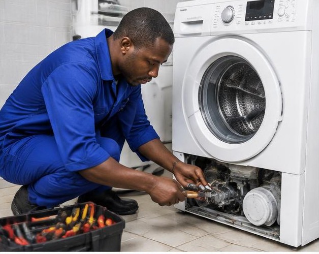 Washing-machine repairs illustrated by people carrying out the activity in Nigeria