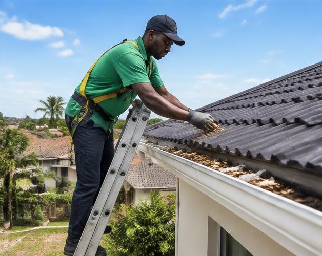 Roof gutter maintenance illustrated by people carrying out the activity in Nigeria