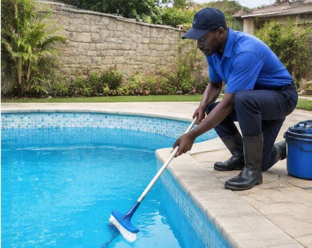 Swimming pool cleaning illustrated by people carrying out the activity in Nigeria