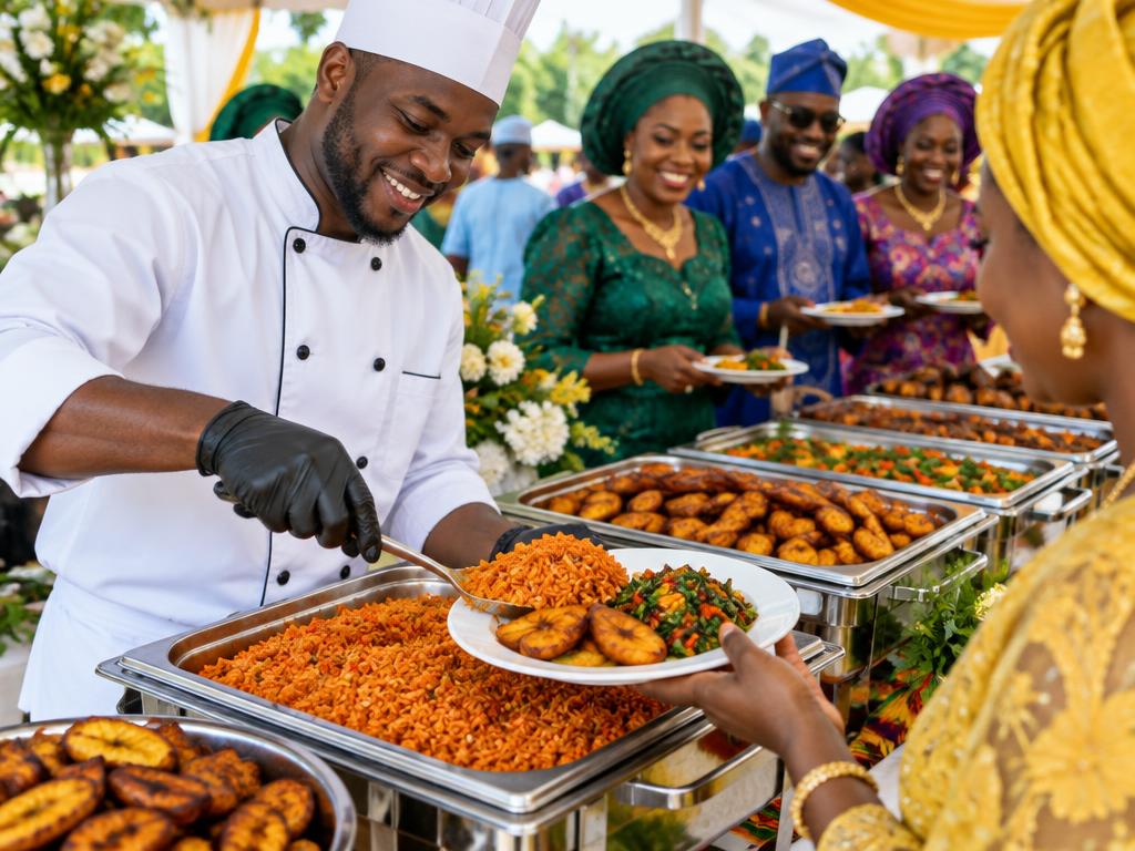 A chef serving jollof rice at a catered event