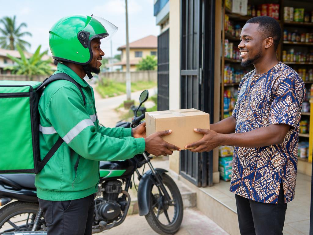 A courier handing a parcel to a client