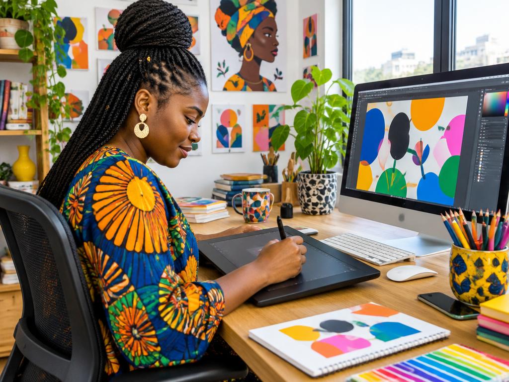 A graphic designer drawing on a digital tablet