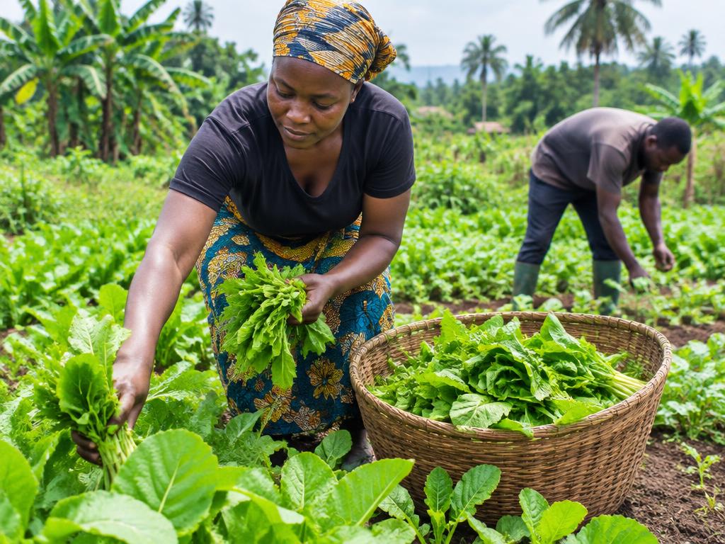 Farm workers harvesting leafy vegetables