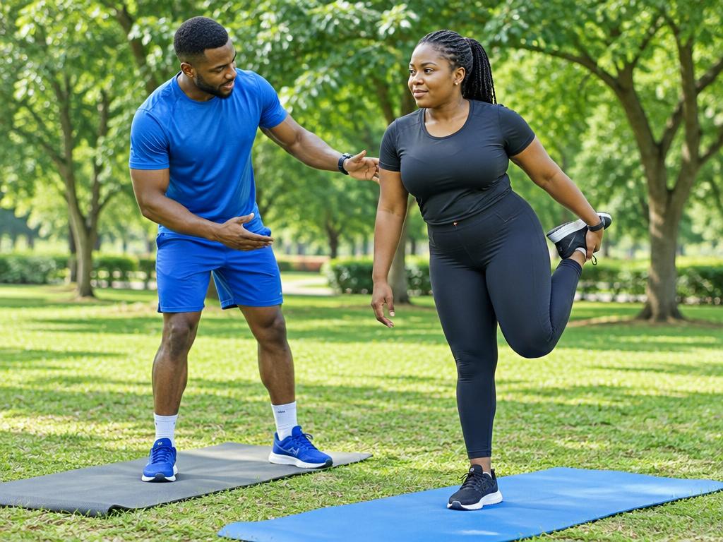 A fitness coach guiding a stretching exercise