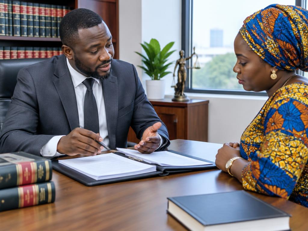 A lawyer discussing a contract with a client