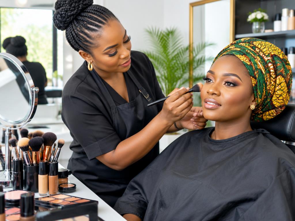 A makeup artist attending to a client