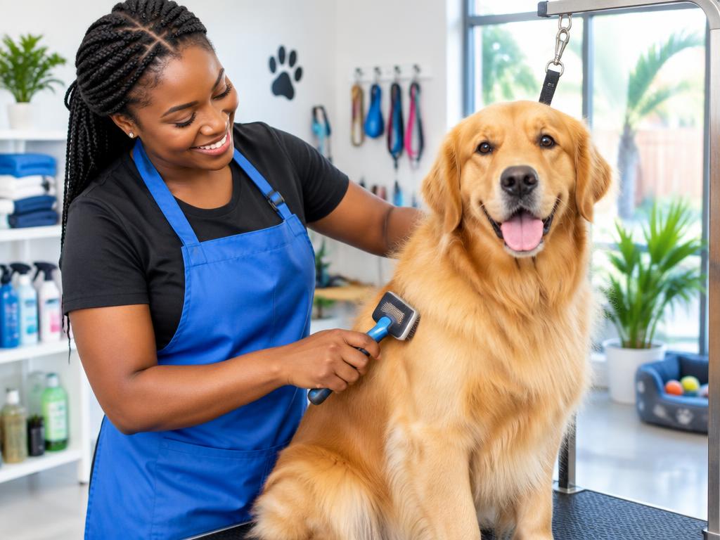 A groomer brushing a golden retriever