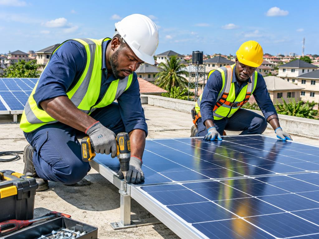 Technicians installing rooftop solar panels