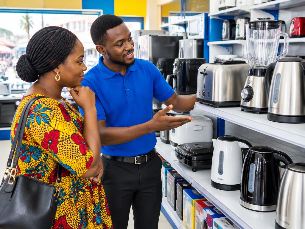 A shop assistant helping a customer choose appliances