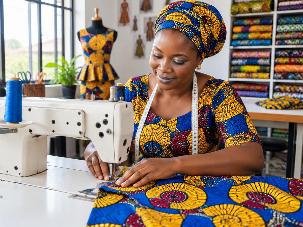 A tailor sewing Ankara fabric