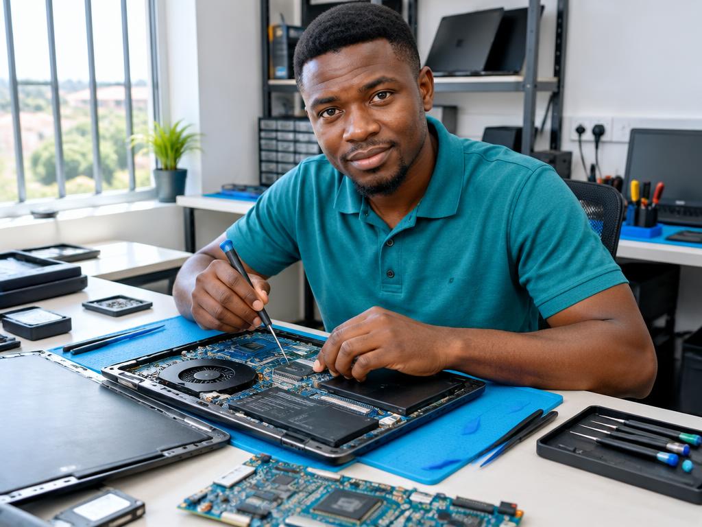 A technician repairing a laptop