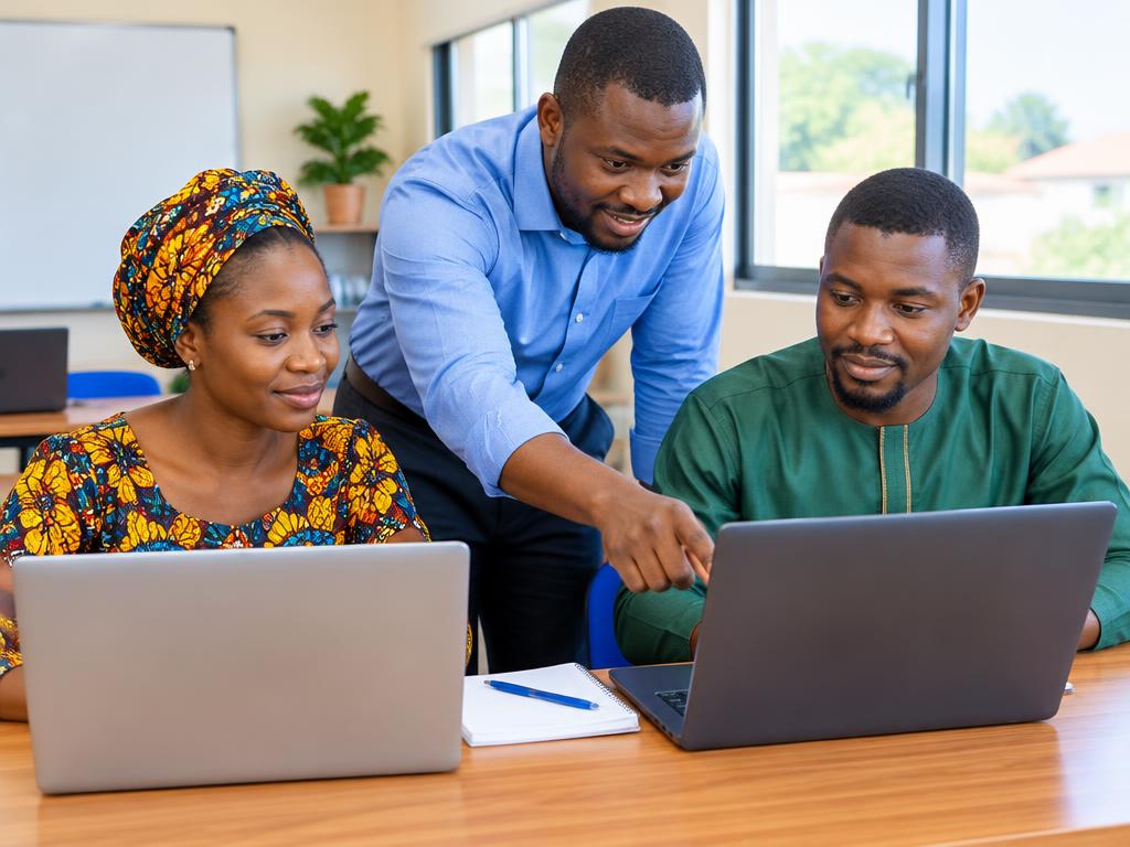 An instructor teaching adults computer skills