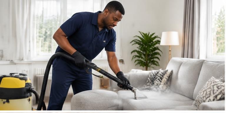 A professional steam-cleaning a sofa in a home