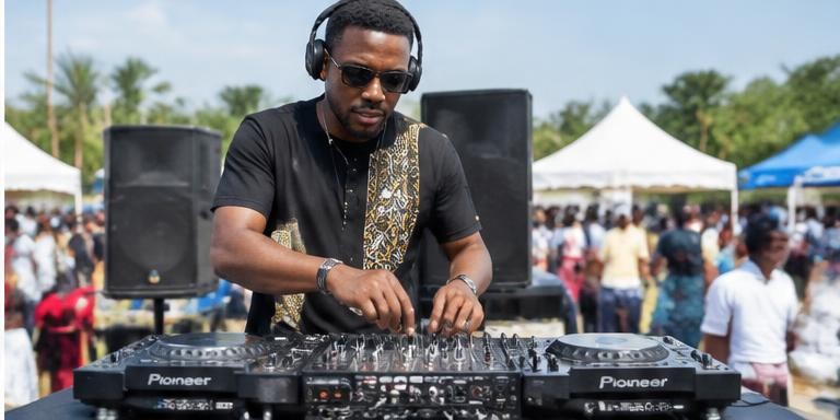 A DJ operating a mixer at an outdoor event