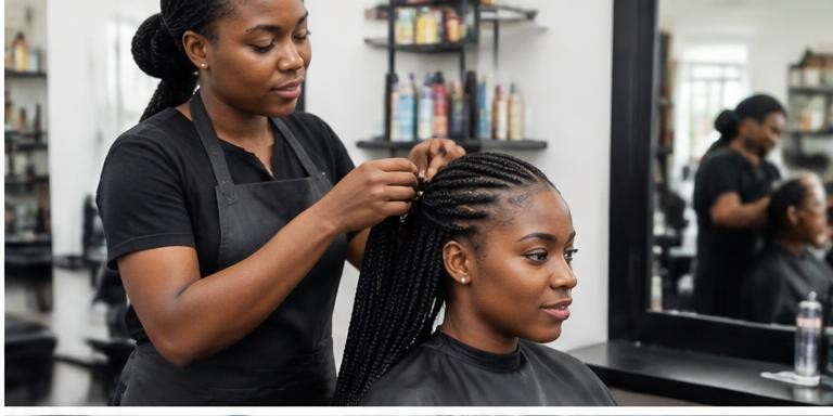 A hairstylist braiding a client's hair