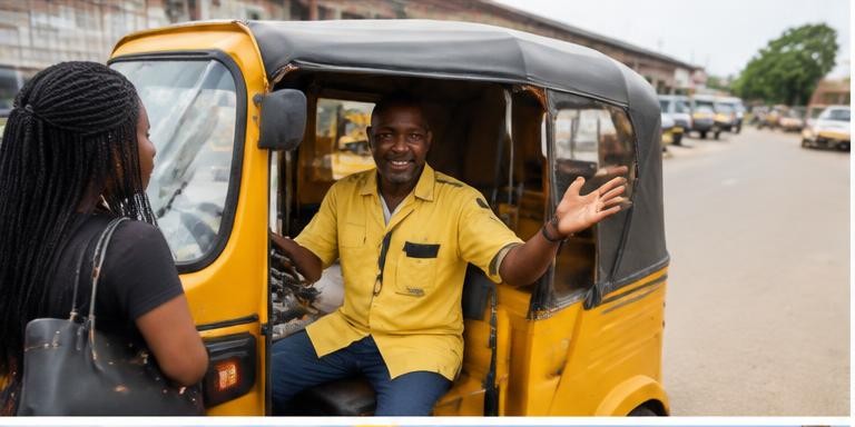 A keke driver welcoming a passenger