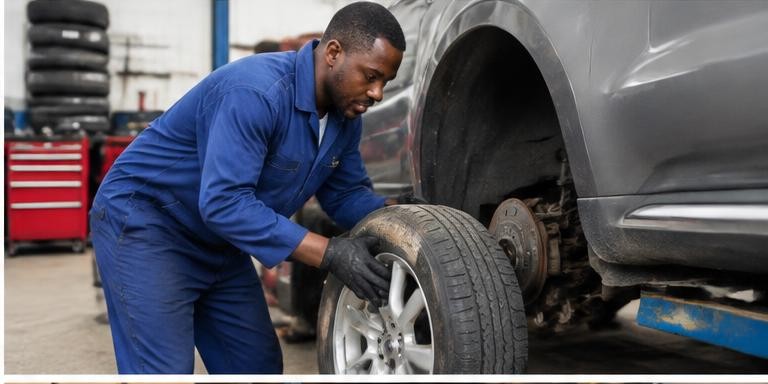 A technician replacing a car tyre