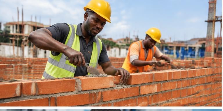 Bricklayers building a wall