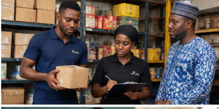 Shop staff checking inventory with a business owner