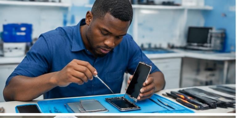 A technician repairing a smartphone
