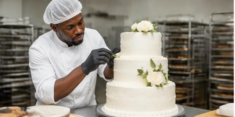 A baker decorating a wedding cake