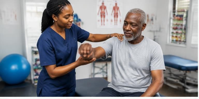 A physiotherapist guiding an elderly client's arm exercise