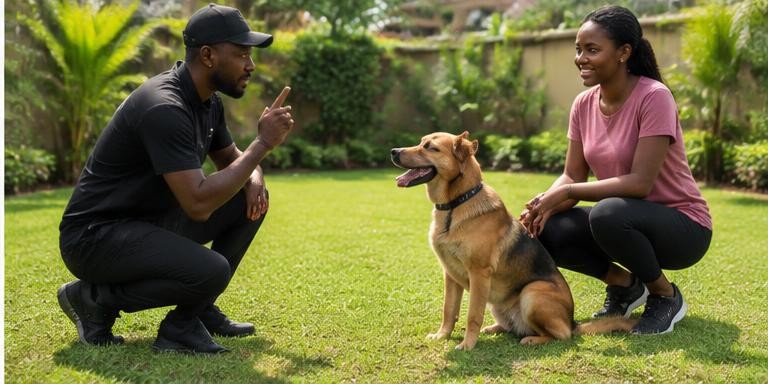 A dog trainer working with a dog and its owner