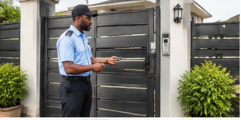 A security guard checking a residential entrance