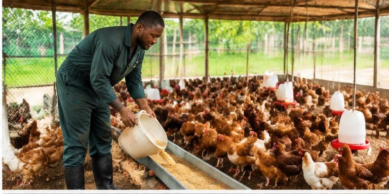 A poultry farmer feeding chickens