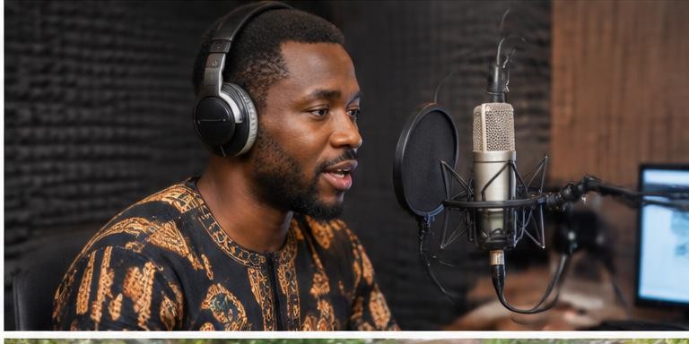 A voice-over artist recording in a studio