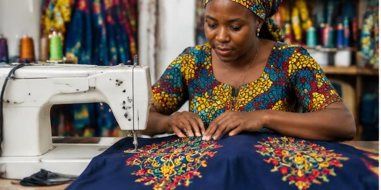An artisan embroidering colorful fabric