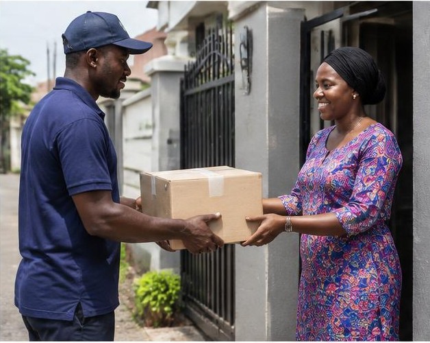 Parcel delivery illustrated by people carrying out the activity in Nigeria