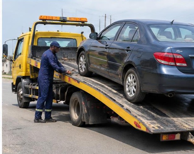 Vehicle towing illustrated by people carrying out the activity in Nigeria