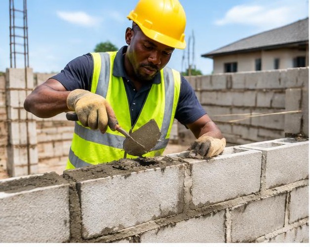 Bricklaying illustrated by people carrying out the activity in Nigeria