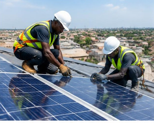Solar installation illustrated by people carrying out the activity in Nigeria