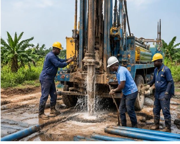 Borehole drilling illustrated by people carrying out the activity in Nigeria