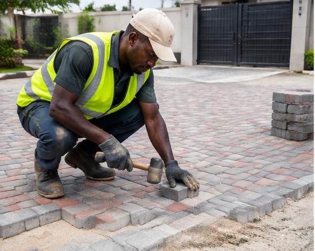 Driveway paving illustrated by people carrying out the activity in Nigeria