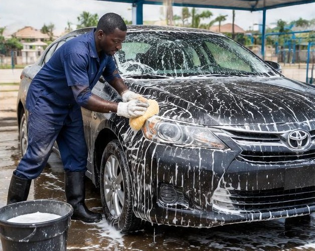 Car washing illustrated by people carrying out the activity in Nigeria