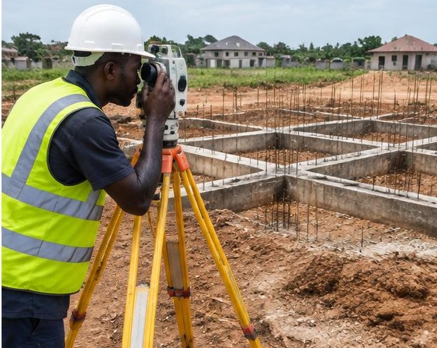 Construction surveying illustrated by people carrying out the activity in Nigeria